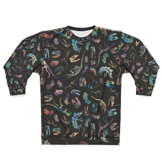 Dark sweatshirt with minimalist dinosaur fossil silhouette pattern