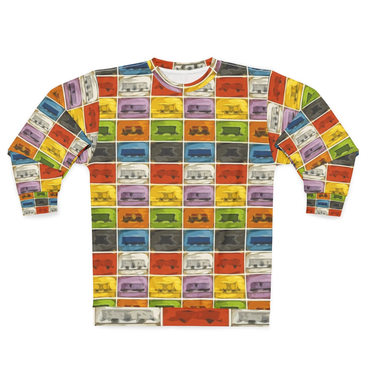 Retro board game lover wearing a Ticket to Ride-themed sweatshirt