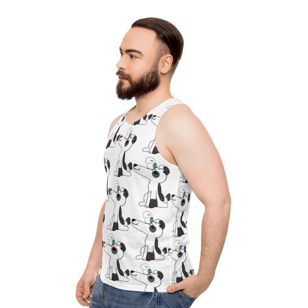 Unisex tank top with dog and bird graphic - men side