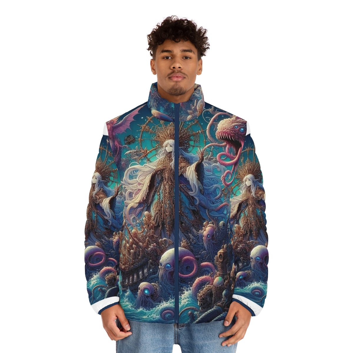 Anime puffer jacket featuring a beautiful anime girl design - men front