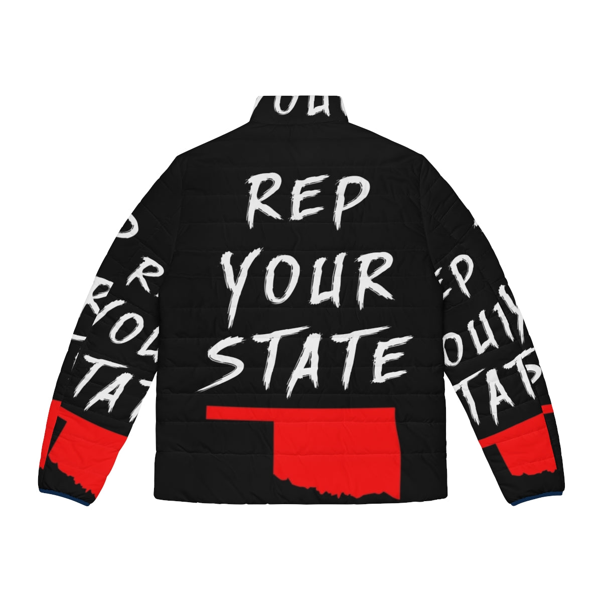 Oklahoma state pride puffer jacket featuring the state outline and flag design - Back