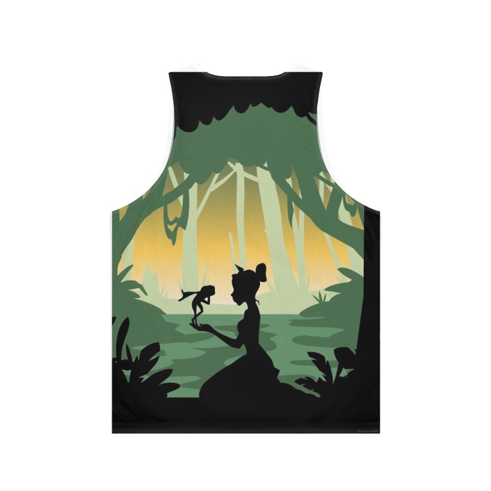 Minimal poster design of The Princess And The Frog movie on a unisex tank top - Back