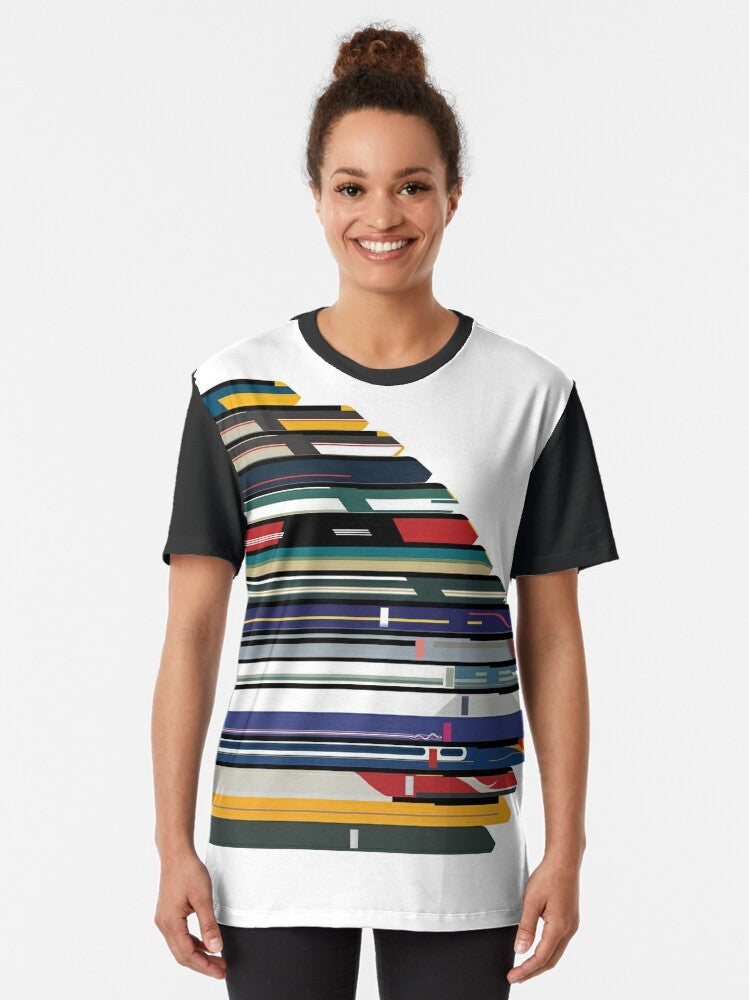 Graphic t-shirt with outline design of Intercity 125 high-speed train in British Rail livery - Women