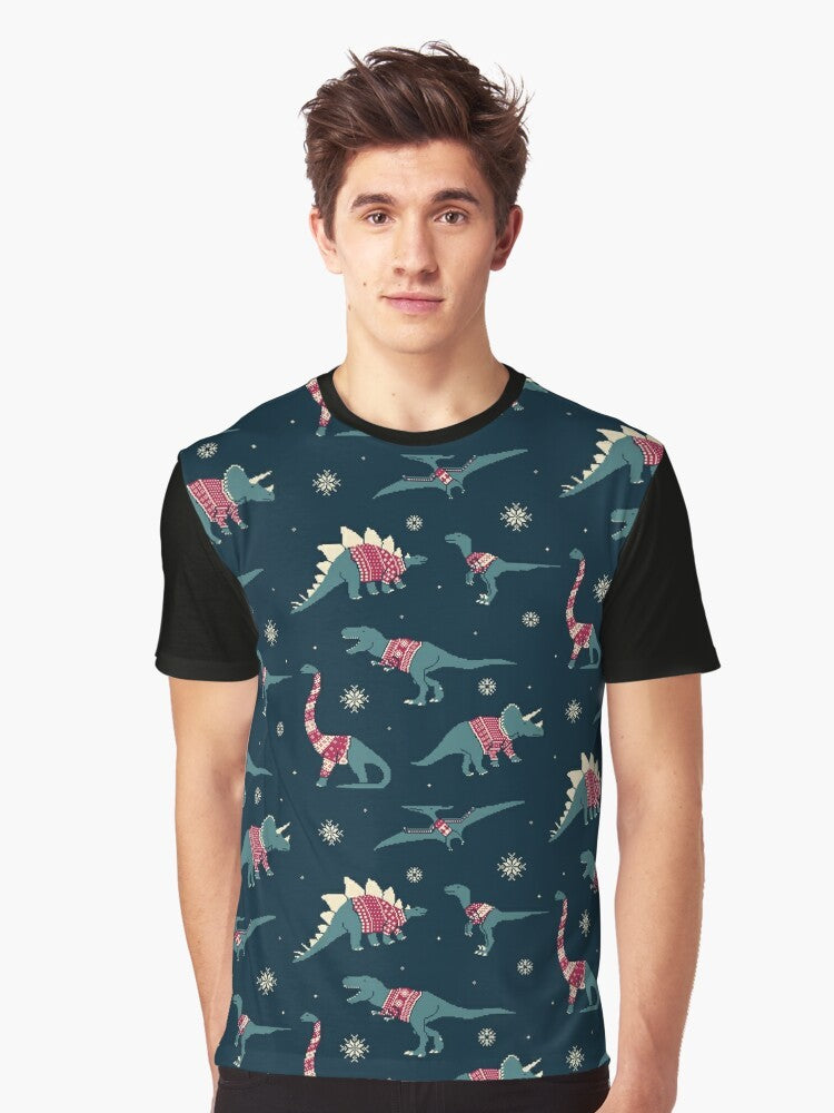 Graphic tee featuring cute dinosaurs wearing festive holiday sweaters - Men