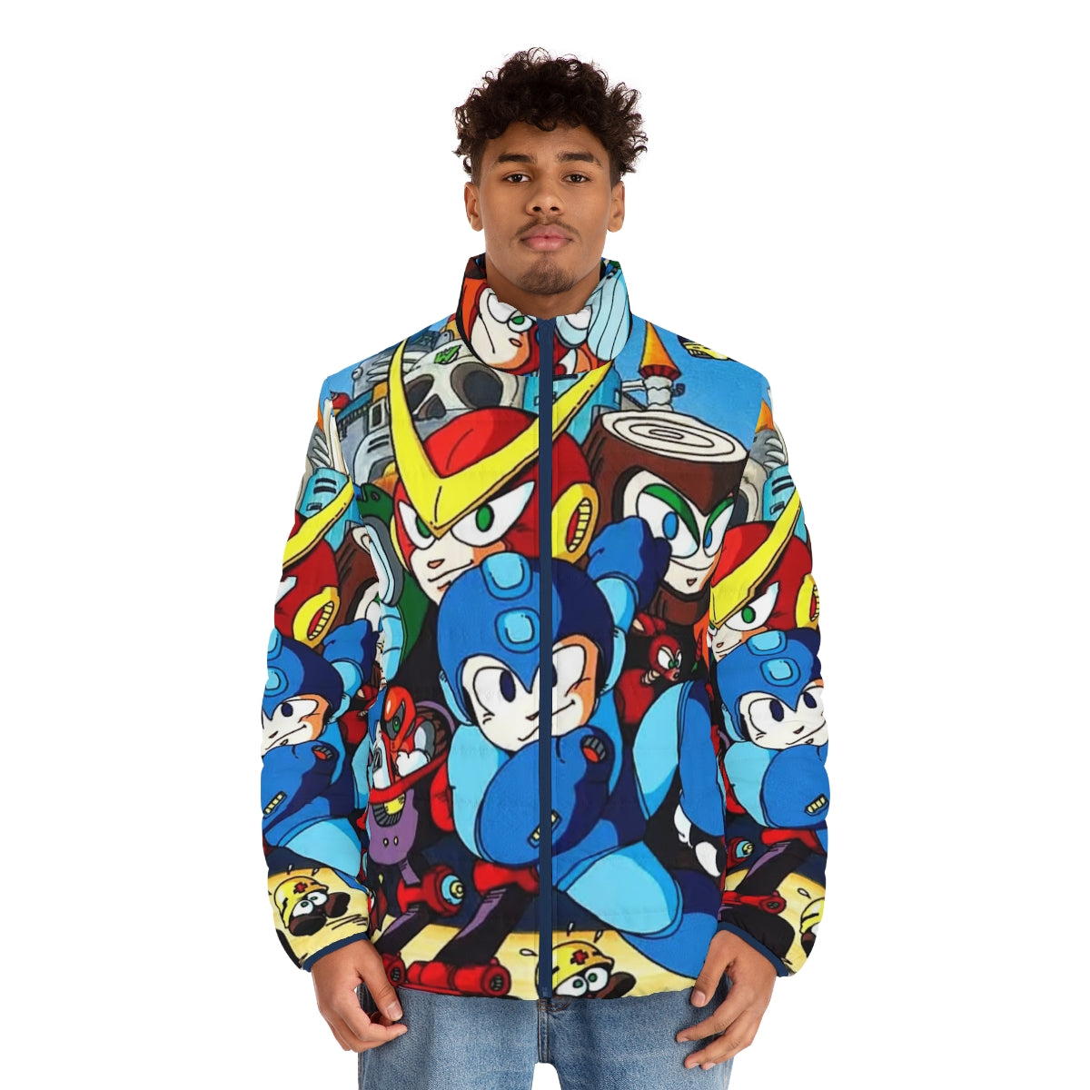 Mega Man 2 inspired puffer jacket with retro video game graphics - men front