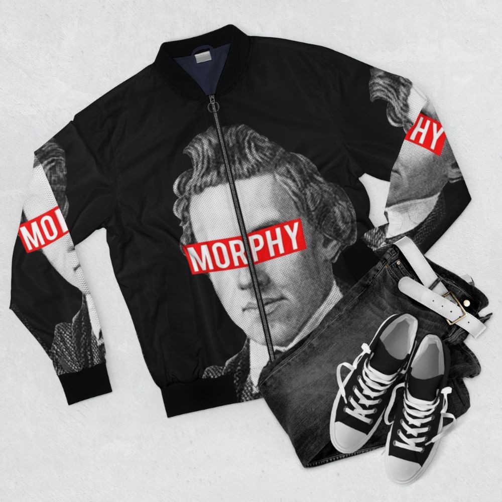 Chess Grandmaster Bomber Jacket featuring the design of chess legend Paul Morphy - Flat lay