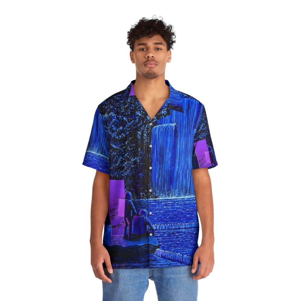 Night Falls Hawaiian Shirt with Waterfall and Astronaut Design - People Front