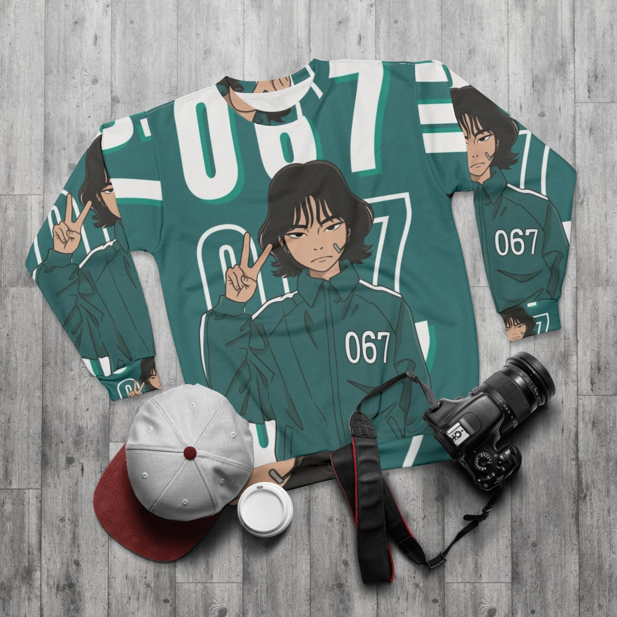 Squid Game Player 067 Kang Sae Byeok Sweatshirt - flat lay