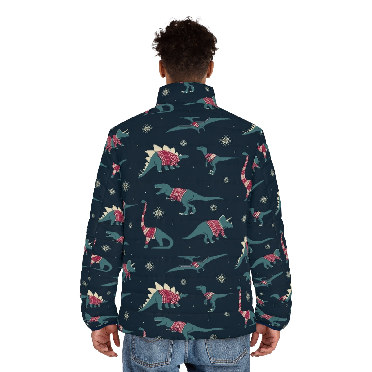 Puffer jacket featuring cute dinosaurs wearing festive sweaters - men back