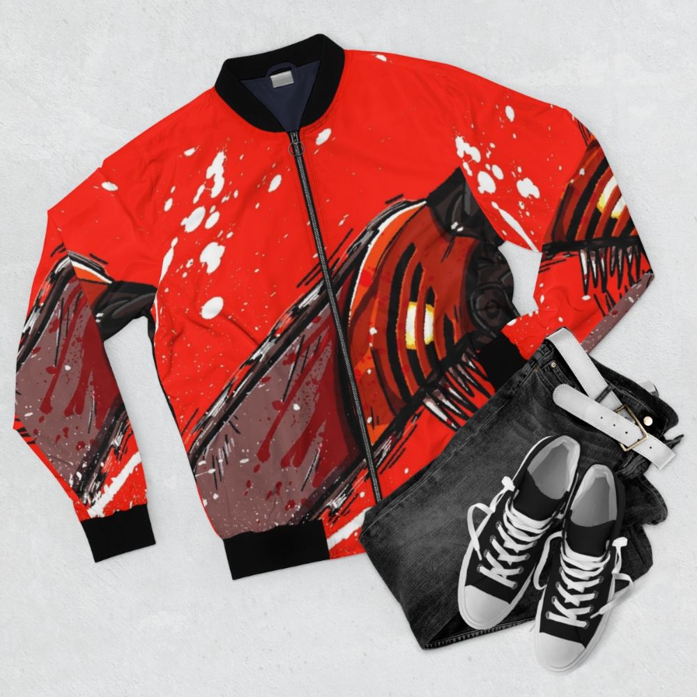 Red Vigilante Bomber Jacket with Anime Inspired Design - Flat lay