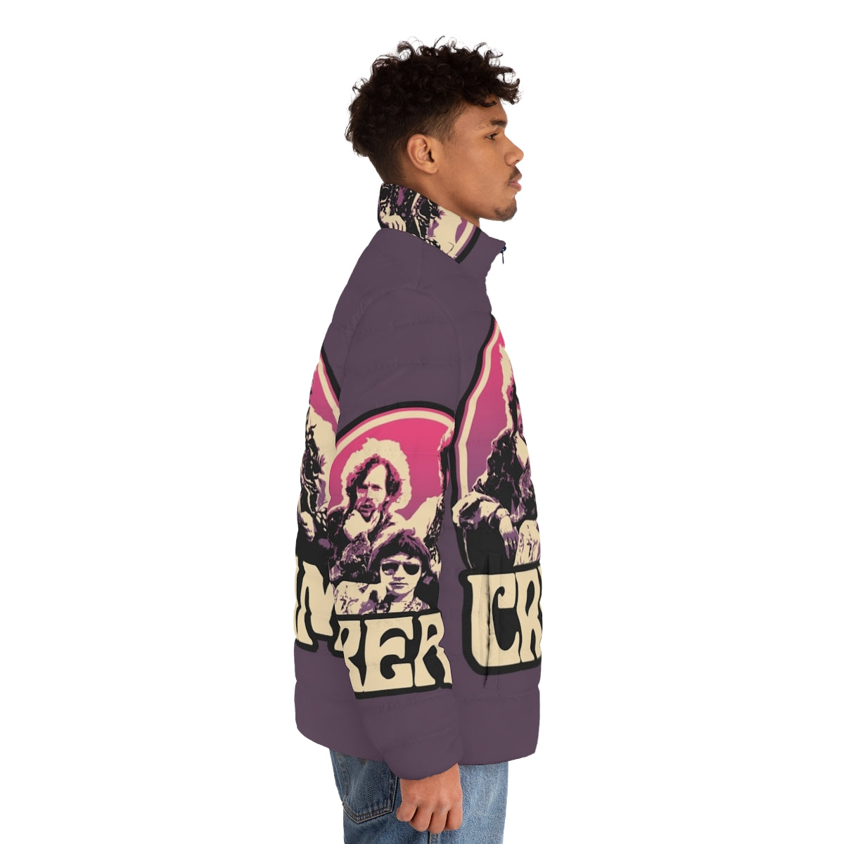 A cream-colored puffer jacket with a retro band-inspired design - men side right