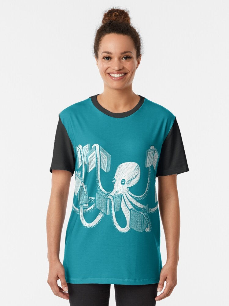 An illustration of an octopus reading a book, with the text "Octopus Reading Book Graphic T-Shirt for Book Lovers". - Women