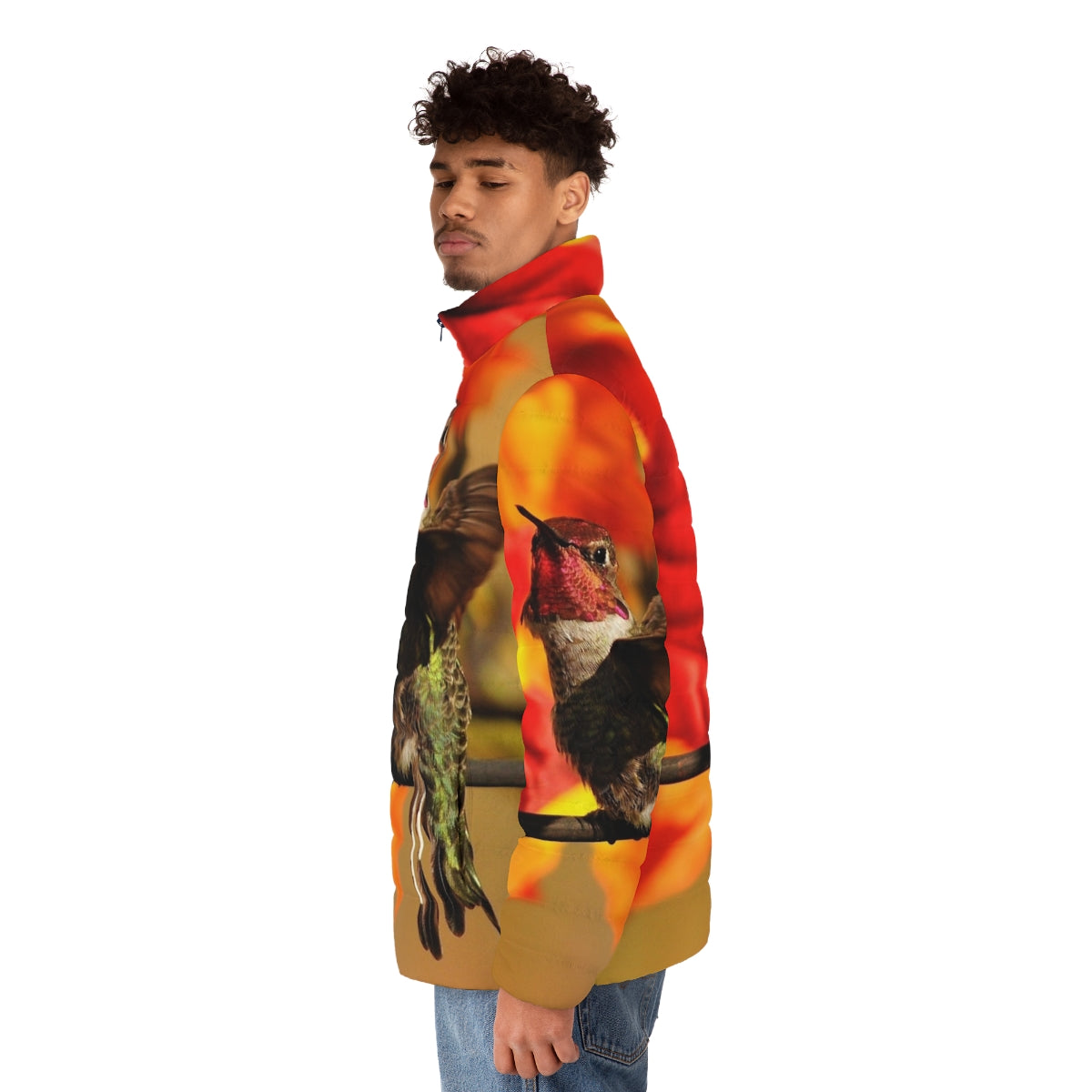 Woman wearing a puffer jacket with a hummingbird print design - men side left