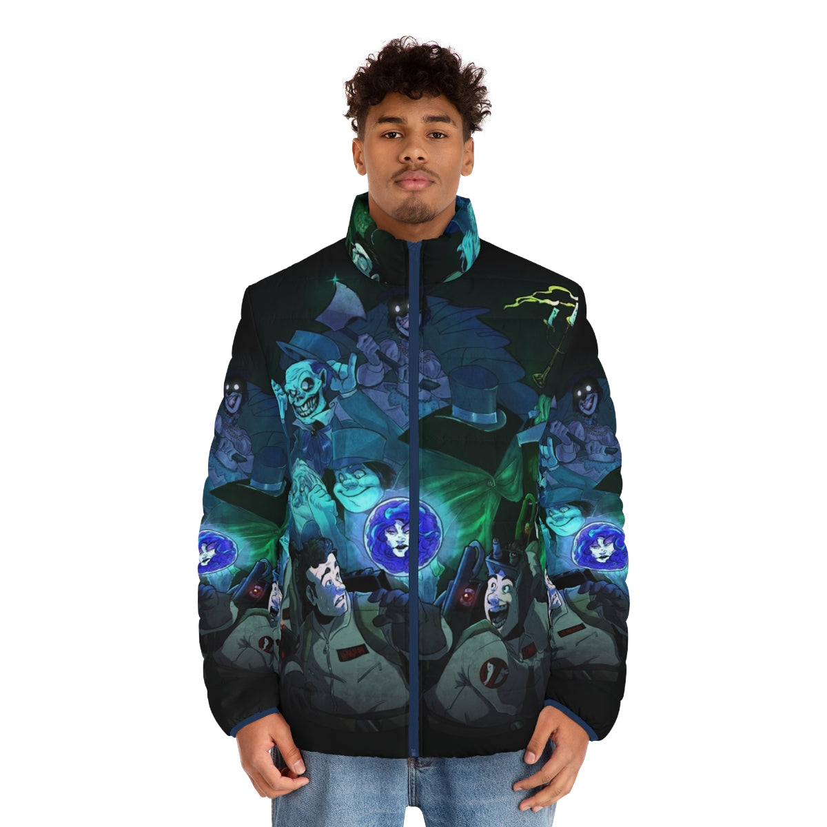 Ghostbusters-inspired puffer jacket featuring iconic characters and Haunted Mansion elements - men front