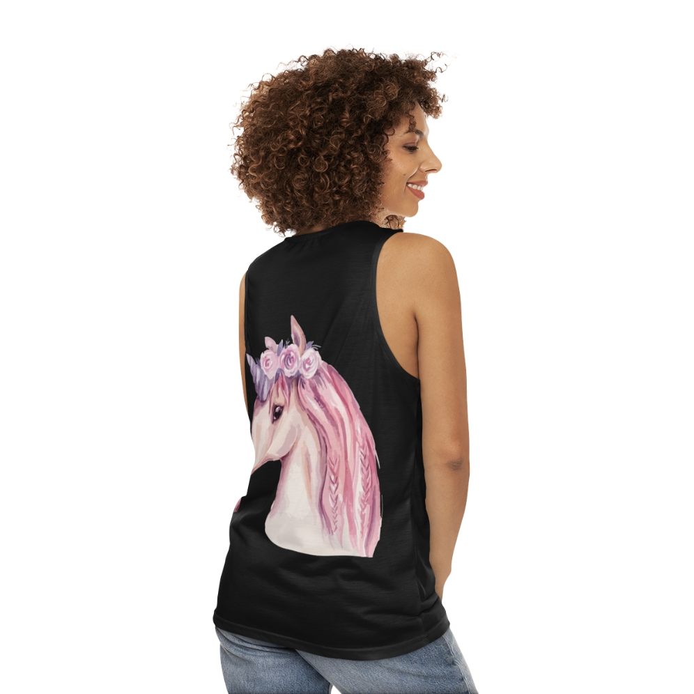 Watercolor pink unicorn unisex tank top - women back