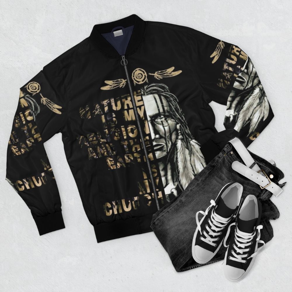 Tribal Nature Bomber Jacket featuring indigenous designs and symbols - Flat lay