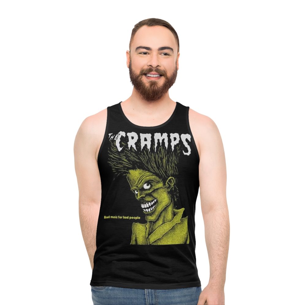 Edgy unisex tank top with retro graphic design - men