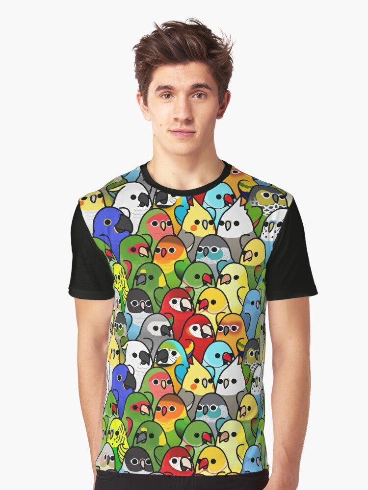 Colorful bird graphic t-shirt featuring a too many birds design - Men