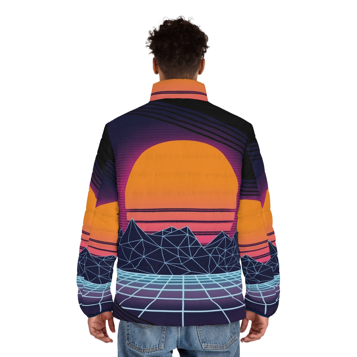 Outrun sunset puffer jacket with retro 80s cyberpunk aesthetic - men back