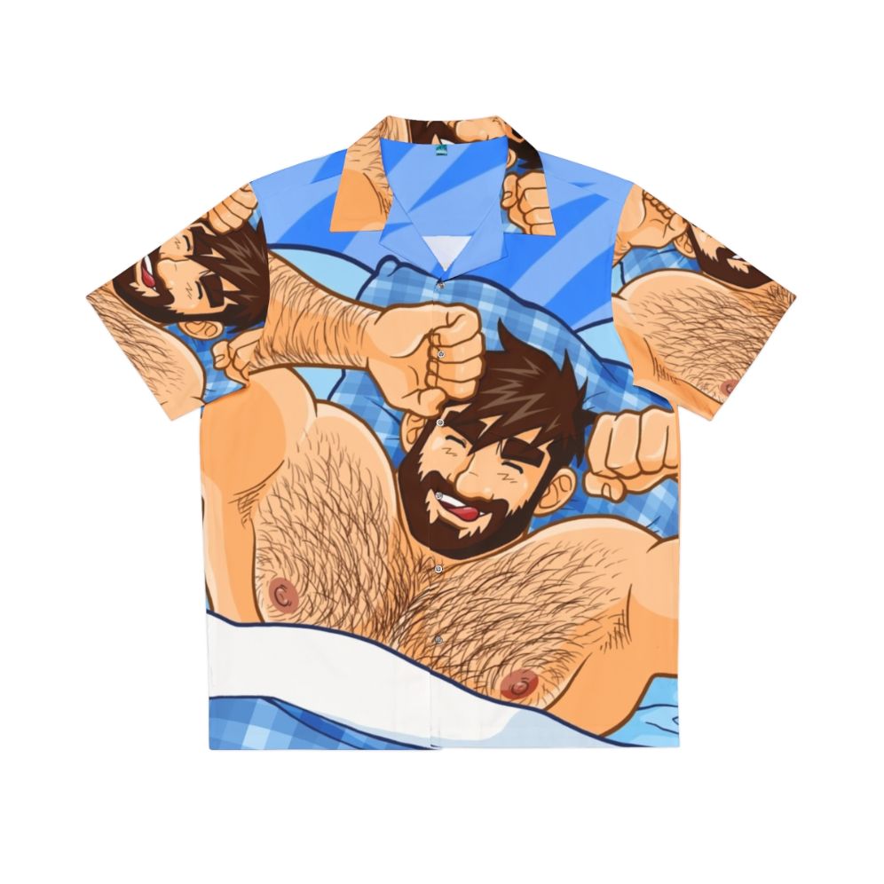 Bearded bear wearing a colorful Hawaiian shirt