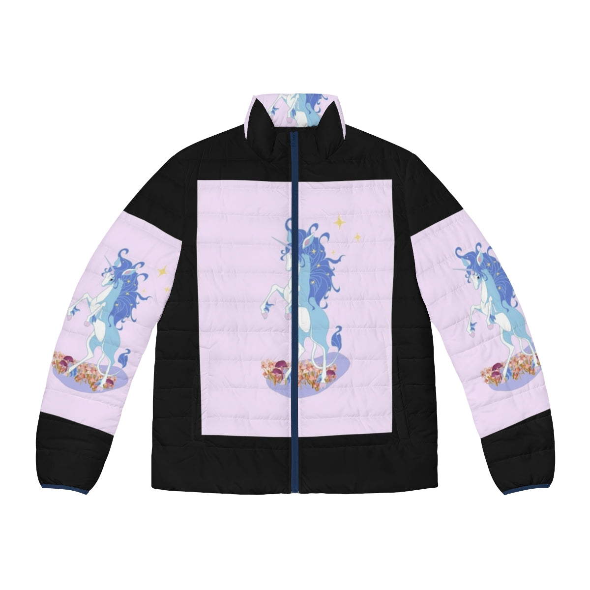 A whimsical puffer jacket featuring the iconic unicorn from the beloved fantasy film The Last Unicorn.