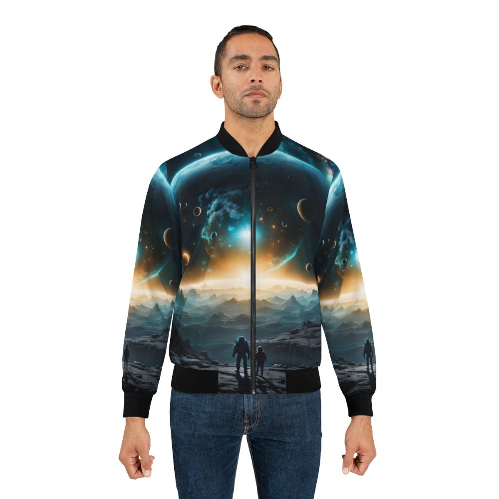 Wanderers sci-fi themed bomber jacket with space, planets, and stars design - Lifestyle