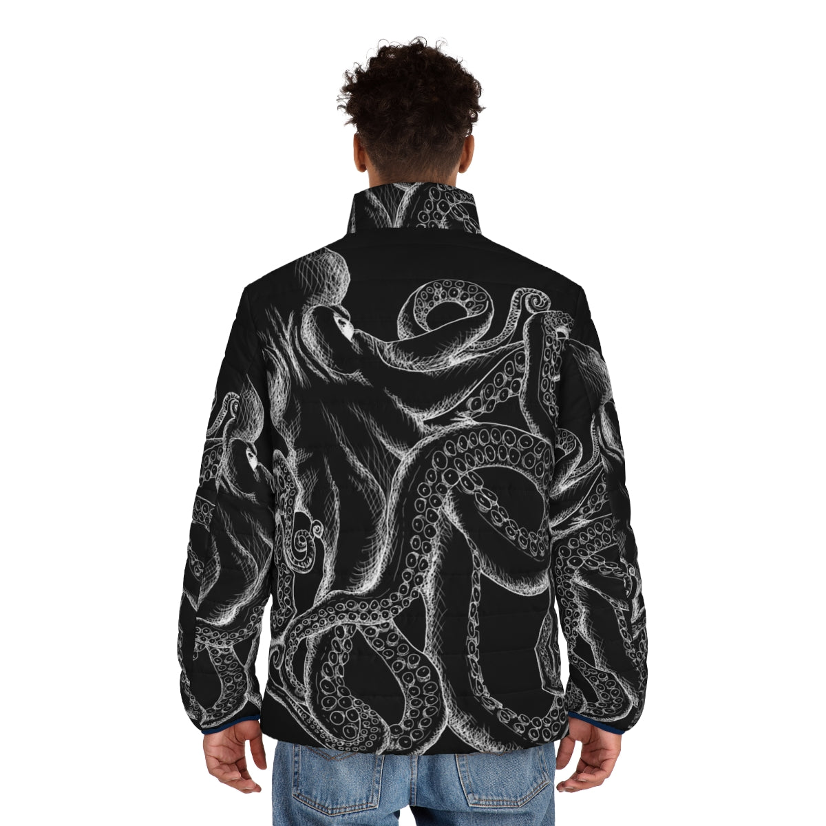 Octopus White Line Art Puffer Jacket - Minimalist Deep Sea Creature Design - men back