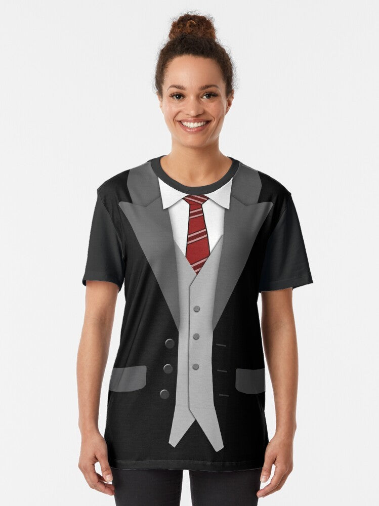 Black suit and red tie graphic t-shirt for formal occasions - Women