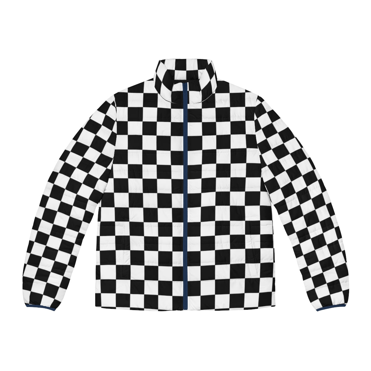 Black checkerboard puffer jacket with a modern, geometric pattern