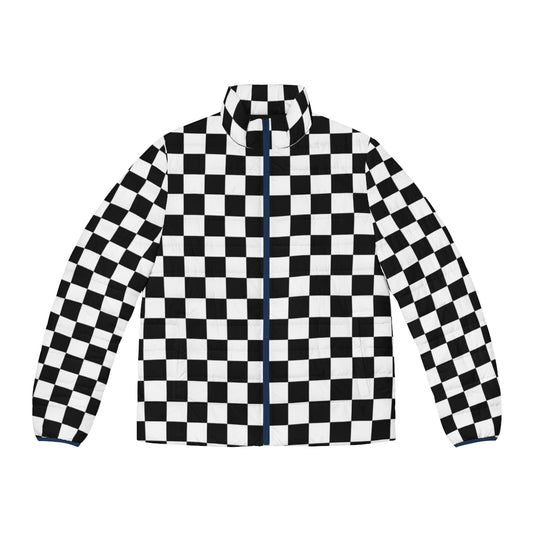 Black checkerboard puffer jacket with a modern, geometric pattern