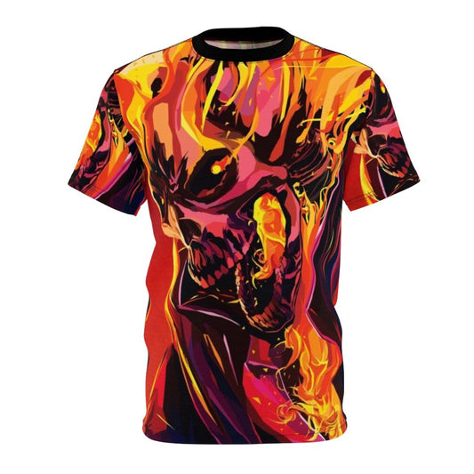 Fiery ghost rider character on a motorcycle in a pop art style graphic tee