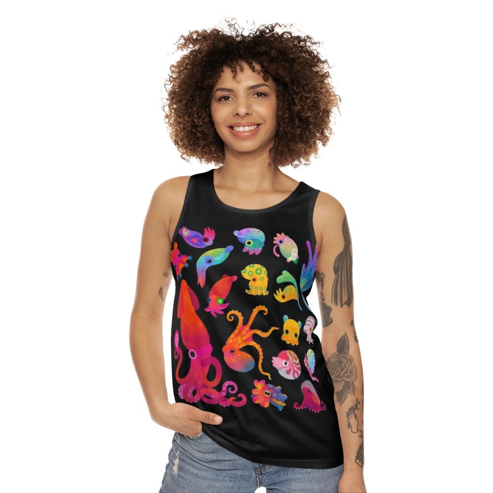 Cephalopod unisex tank top featuring octopus and squid designs - women