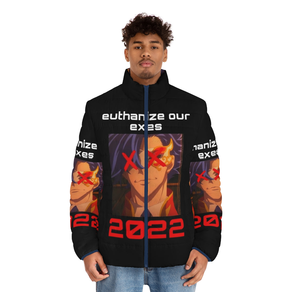 Anime-inspired puffer jacket with Sk8 the Infinity graphic design - men front