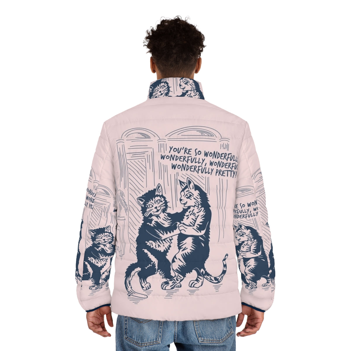 The Cure Lovecats puffer jacket featuring the iconic 80s alternative music band's cat-themed graphic design - men back