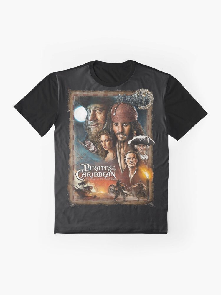 Graphic t-shirt featuring the iconic "Pirates of the Caribbean: The Curse of the Black Pearl" movie design - Flat lay