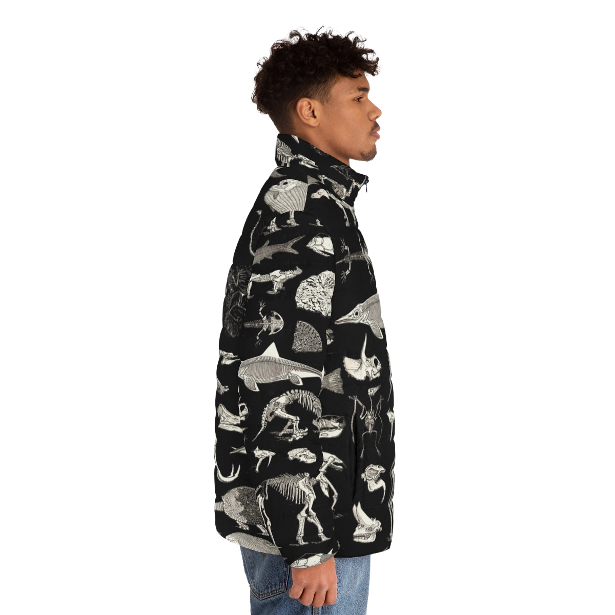 Paleontology puffer jacket featuring fossil illustrations - men side right