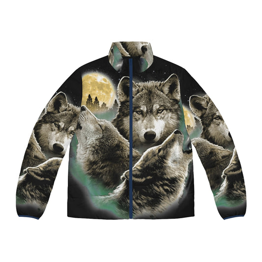 Puffer jacket featuring a night sky scene with three howling wolves against a full moon