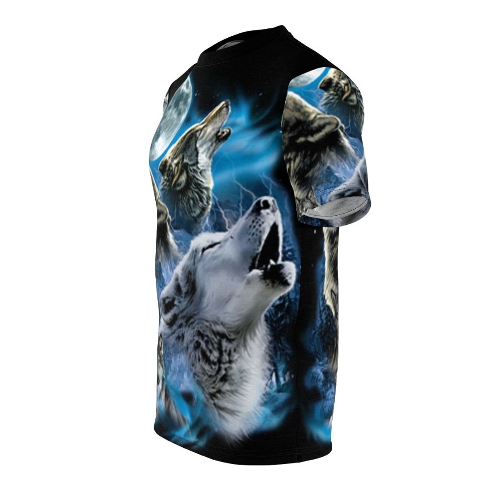 A bold t-shirt design featuring a pack of howling wolves under a full moon, capturing the wild spirit of nature. - men left