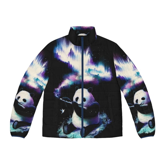 Puffer jacket with galaxy, universe, and musical elements design