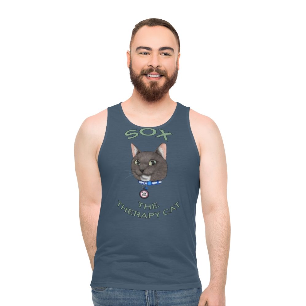 Cartoon cat graphic on a unisex tank top - men