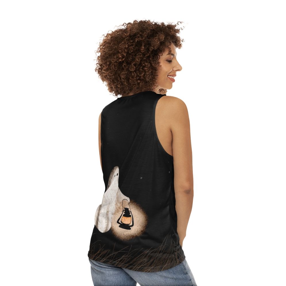 Unisex Twilight Walk Tank Top with ghostly figures and starry sky - women back