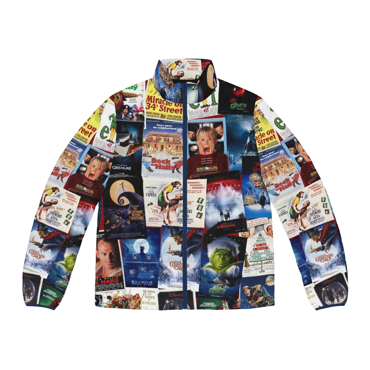 Christmas film collage puffer jacket featuring iconic holiday movies