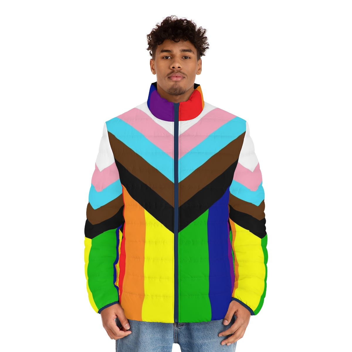 Progressive Pride Flag Puffer Jacket with rainbow colors - men front