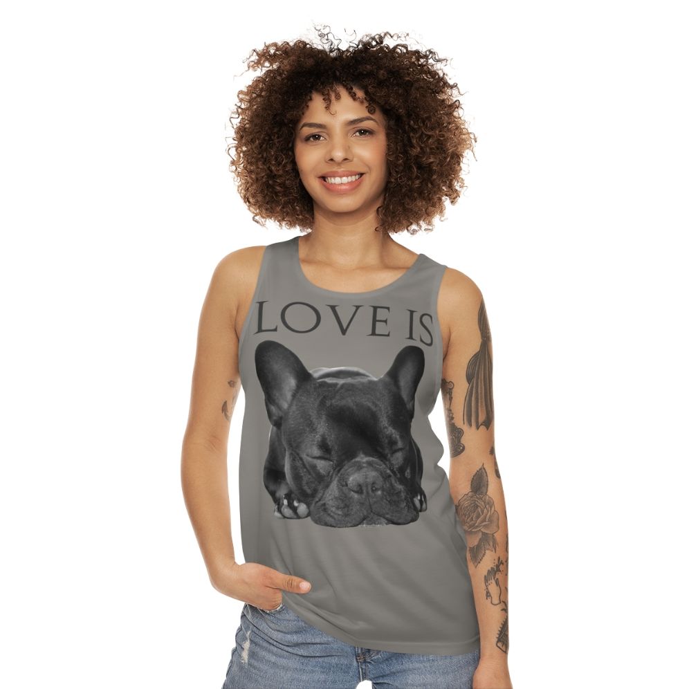 Unisex tank top with a cute French bulldog design - women