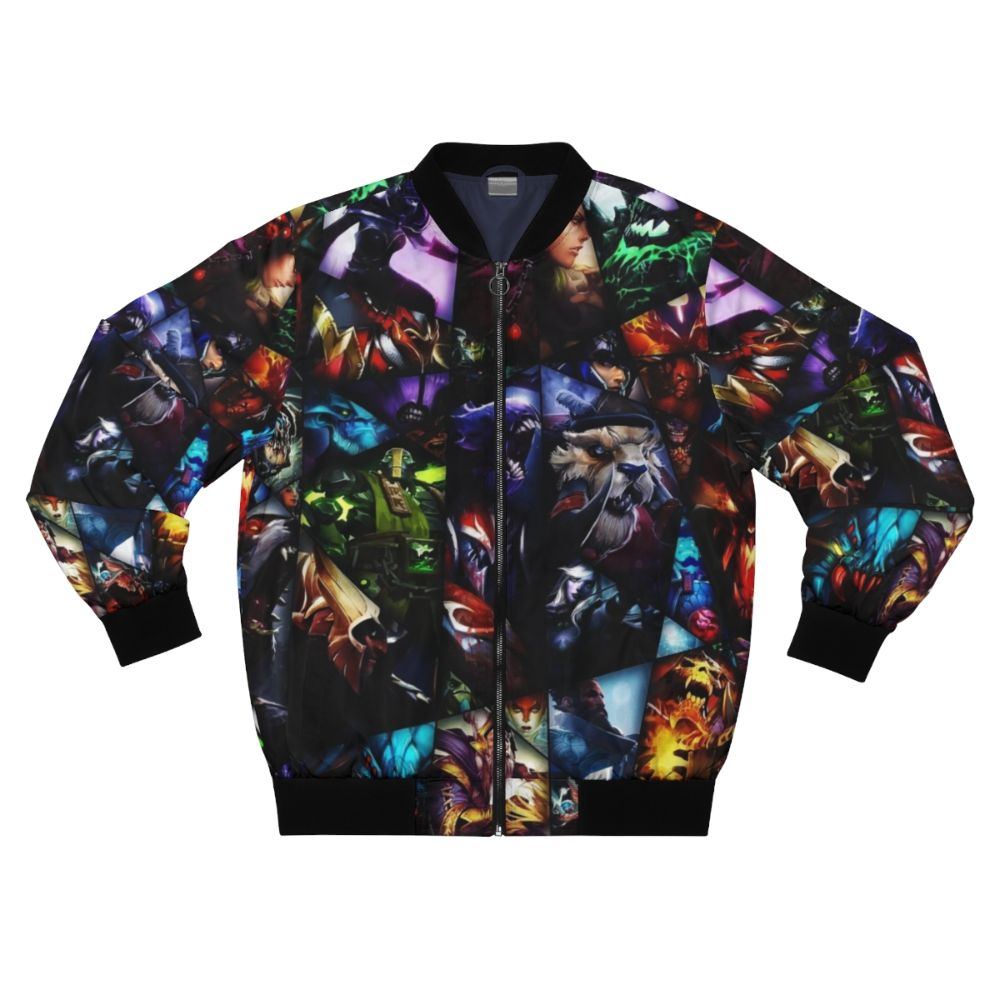 Dota 2 gaming bomber jacket with 'BOOOOOM' graphic design, featuring Dota 2 heroes and characters.