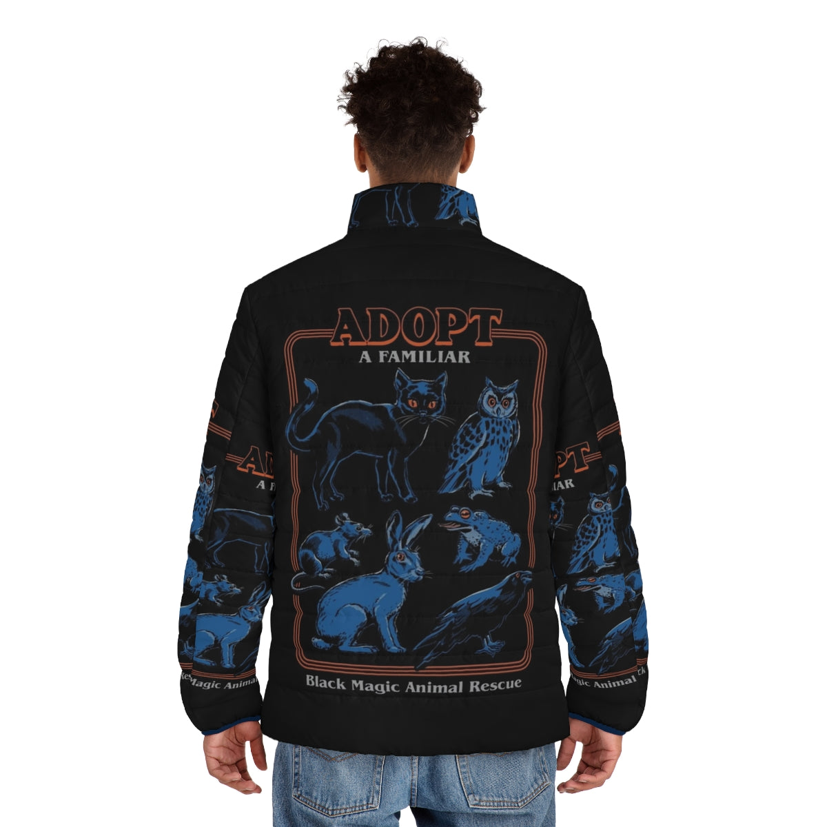 Vintage puffer jacket with a witchcraft and horror-inspired design featuring various animal familiars - men back