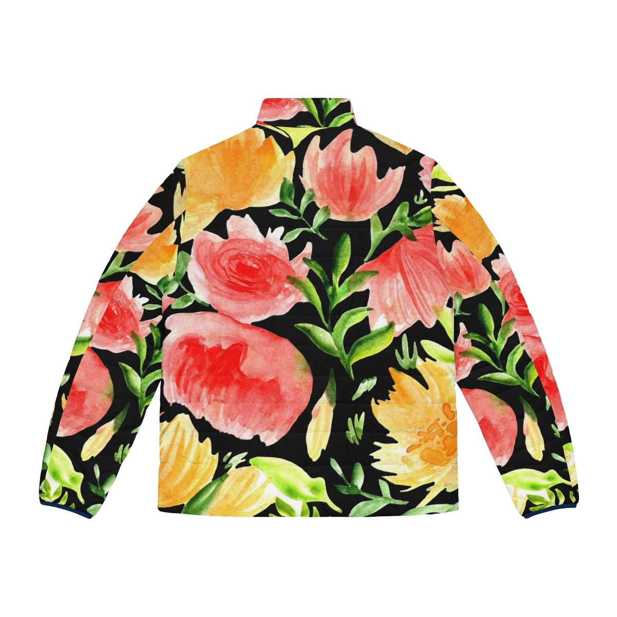 Watercolor floral puffer jacket with black background - Back