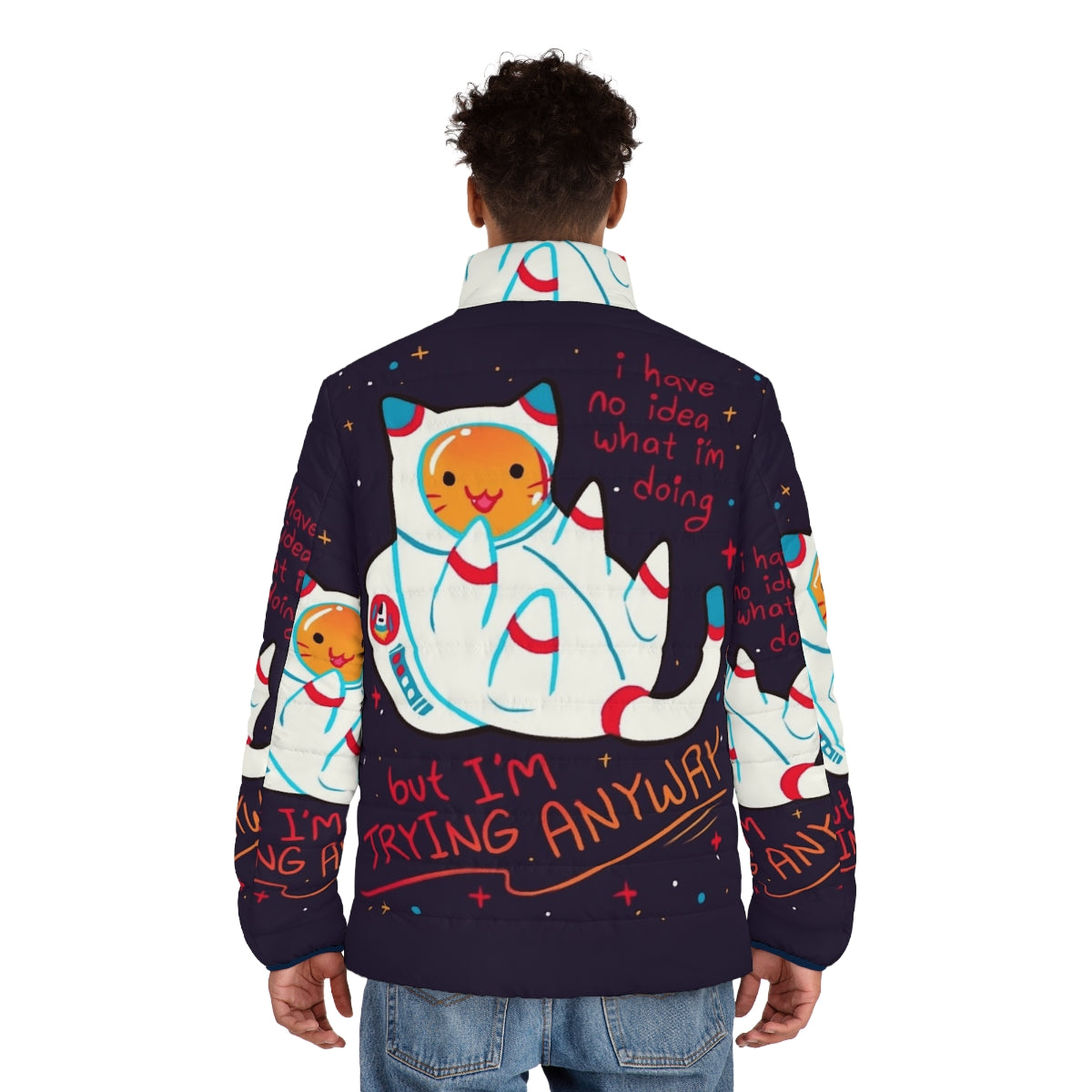 Cozy and stylish cat astronaut puffer jacket with inspirational positive affirmations - men back