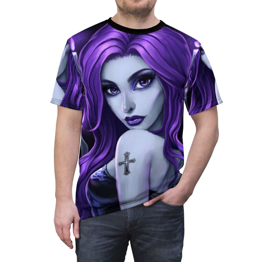 A beautiful goth-inspired AOP t-shirt in a rich purple color with a subtle candle and dark aesthetic design. - men front