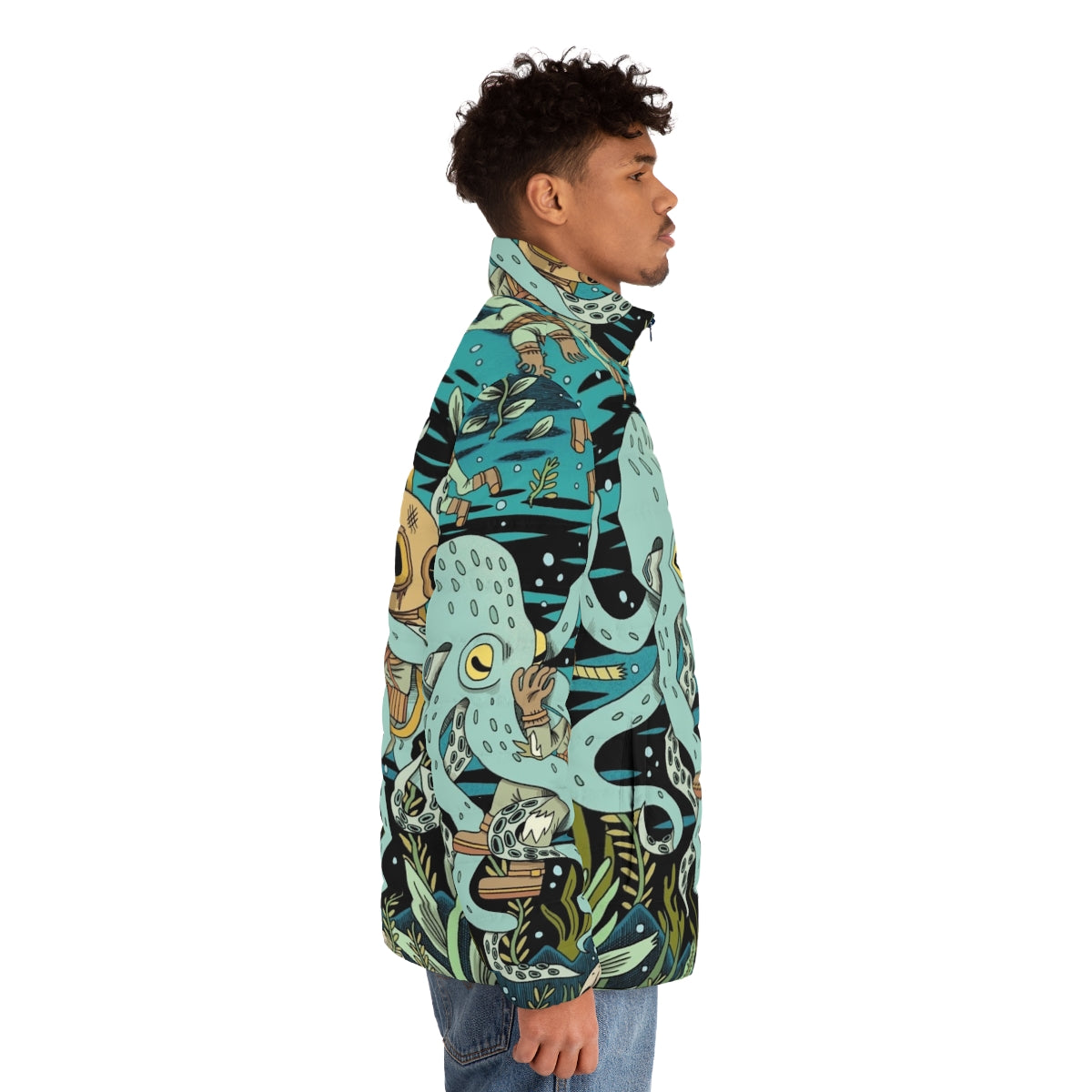 Diver puffer jacket with octopus and skull design - men side right